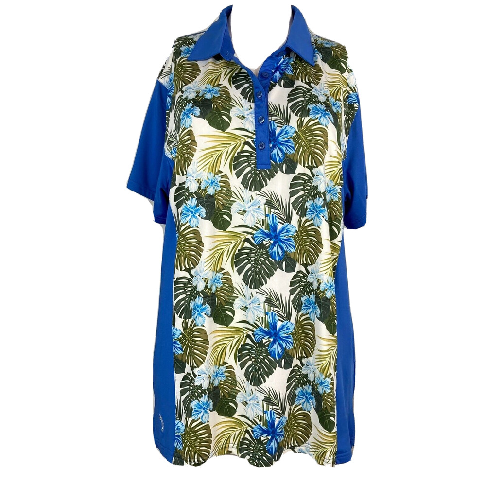 Glenmuir Shirt Womens Sz XL Blue Green Tropical Floral Golf Polo Stretch *LOGO